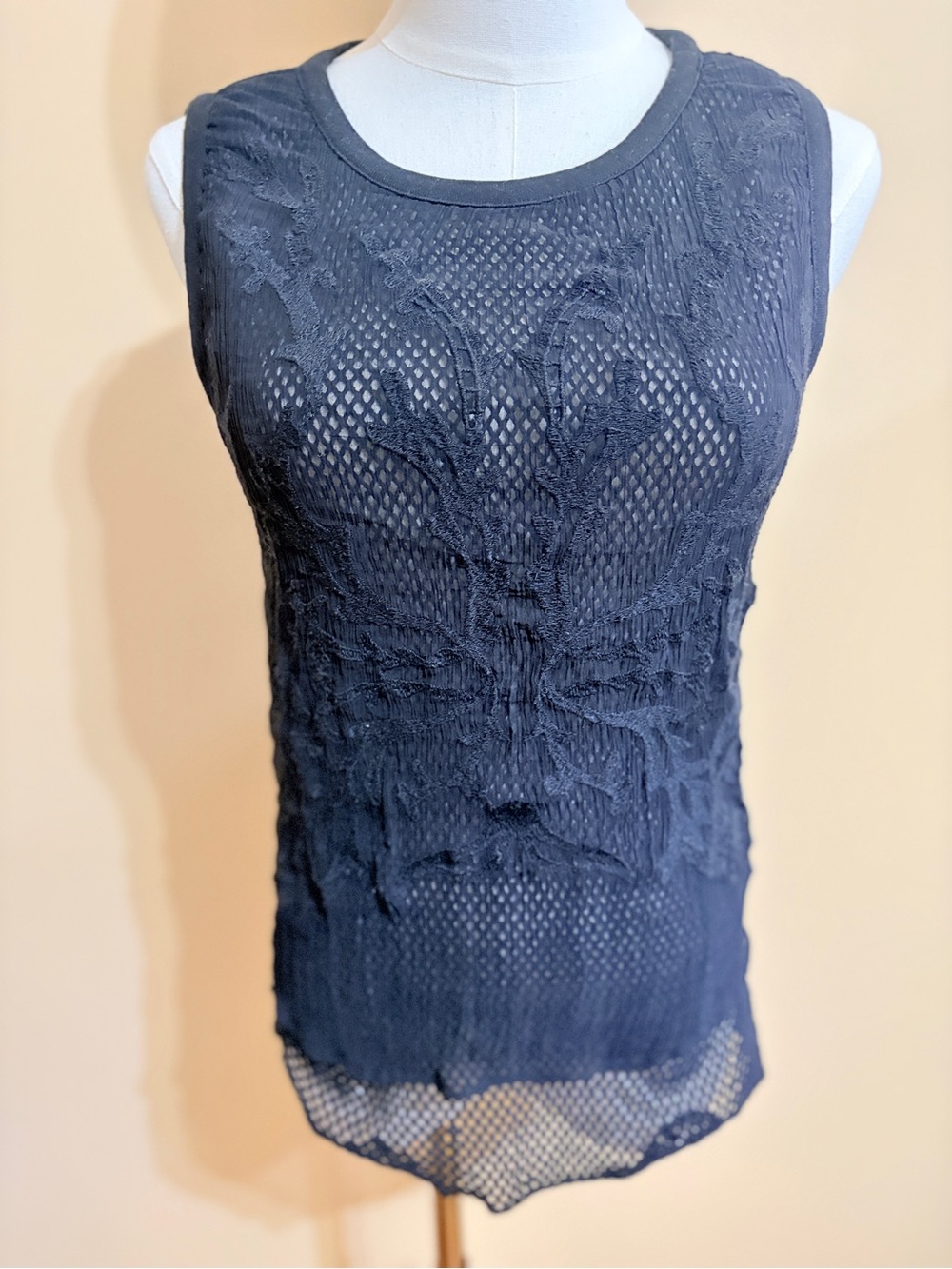 Trouve Nordstrom Black Embroidered‎ Mesh Layered Tank Top Sleeveless XS